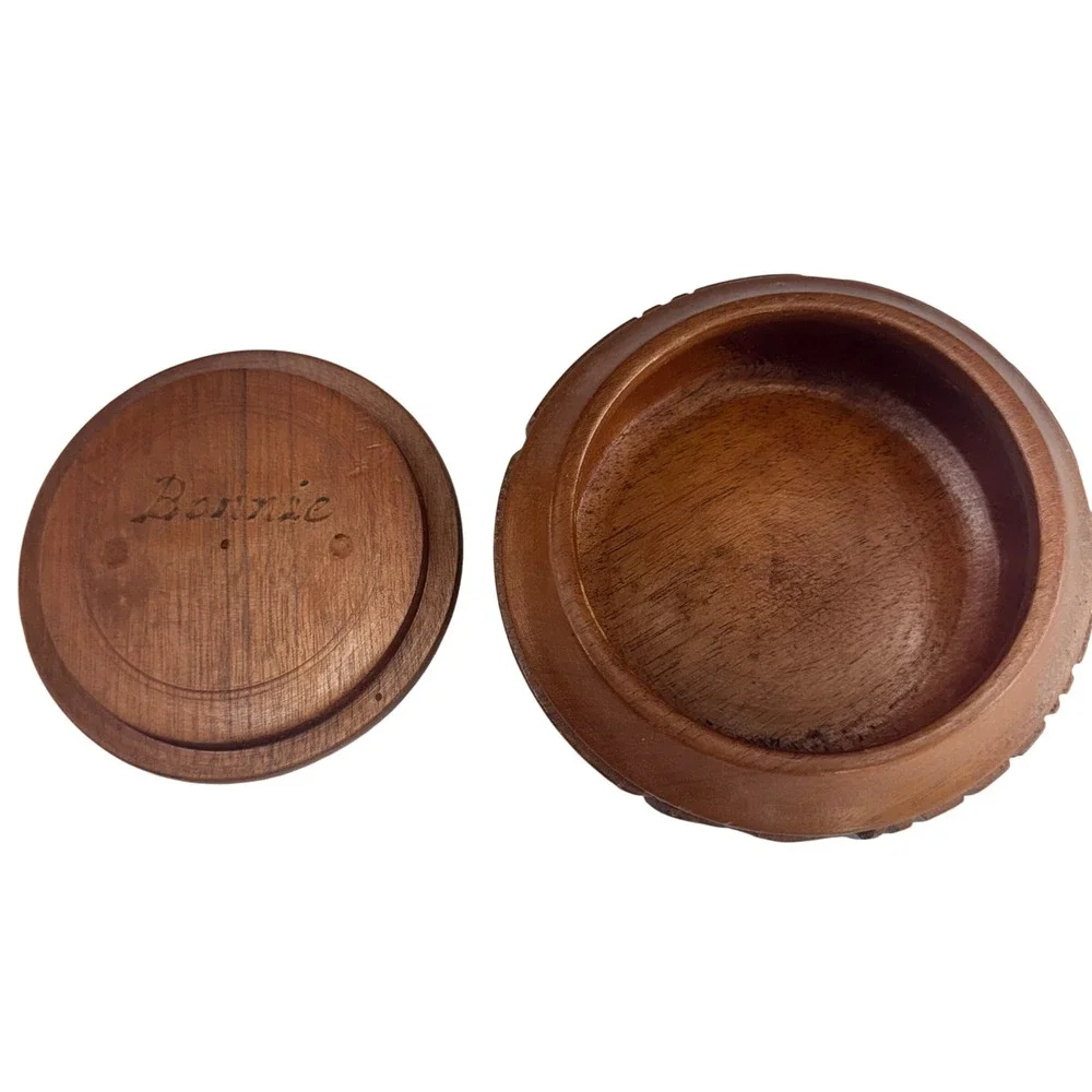 Vintage Hand Carved Wooden Trinket Box Lidded Keepsake Container Bonnie Engraved
